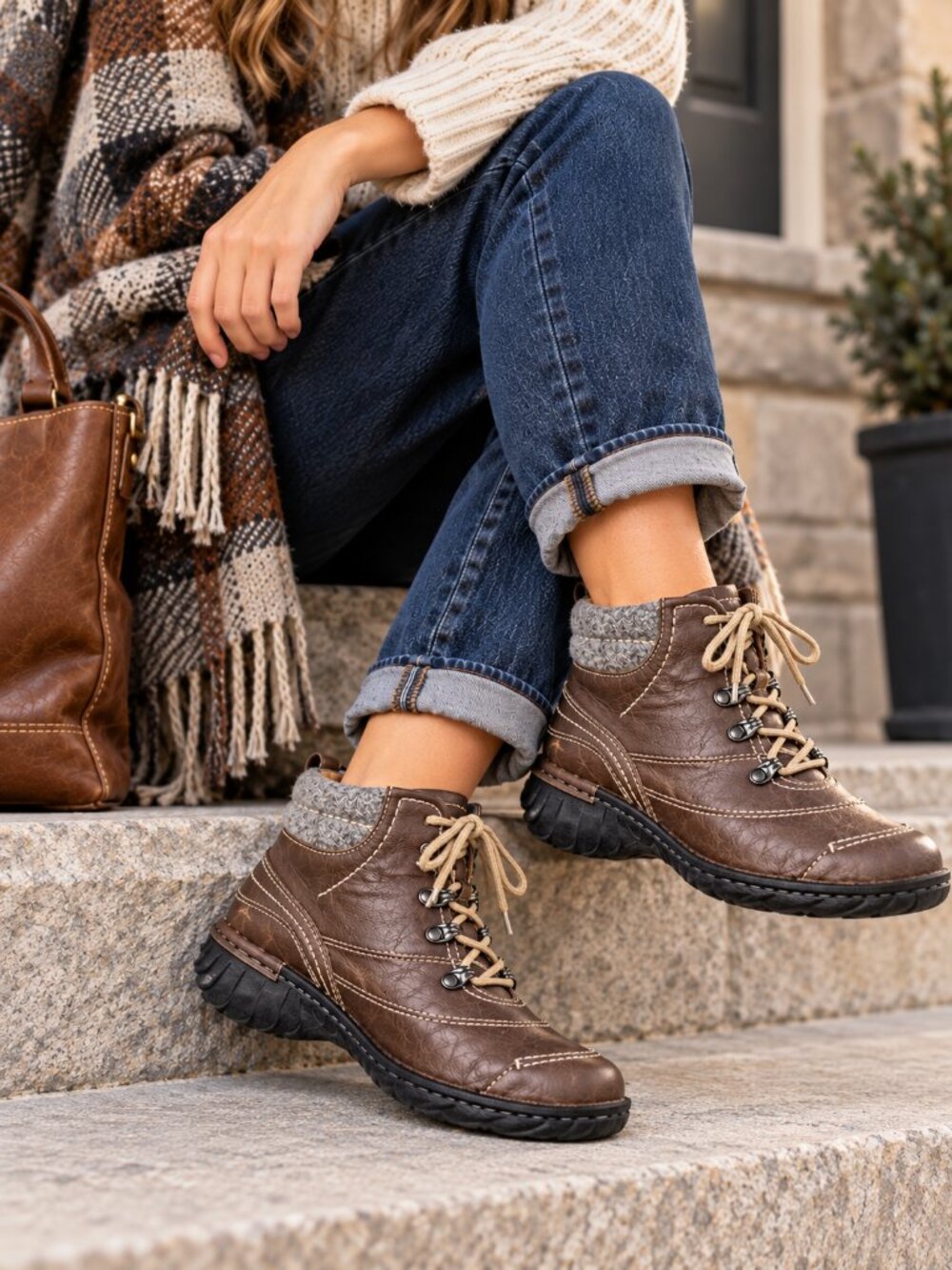 Josef Seibel Sienna Brown Leather Wool Lace Up Ankle Boots 7.5 Hiking Gorpcore